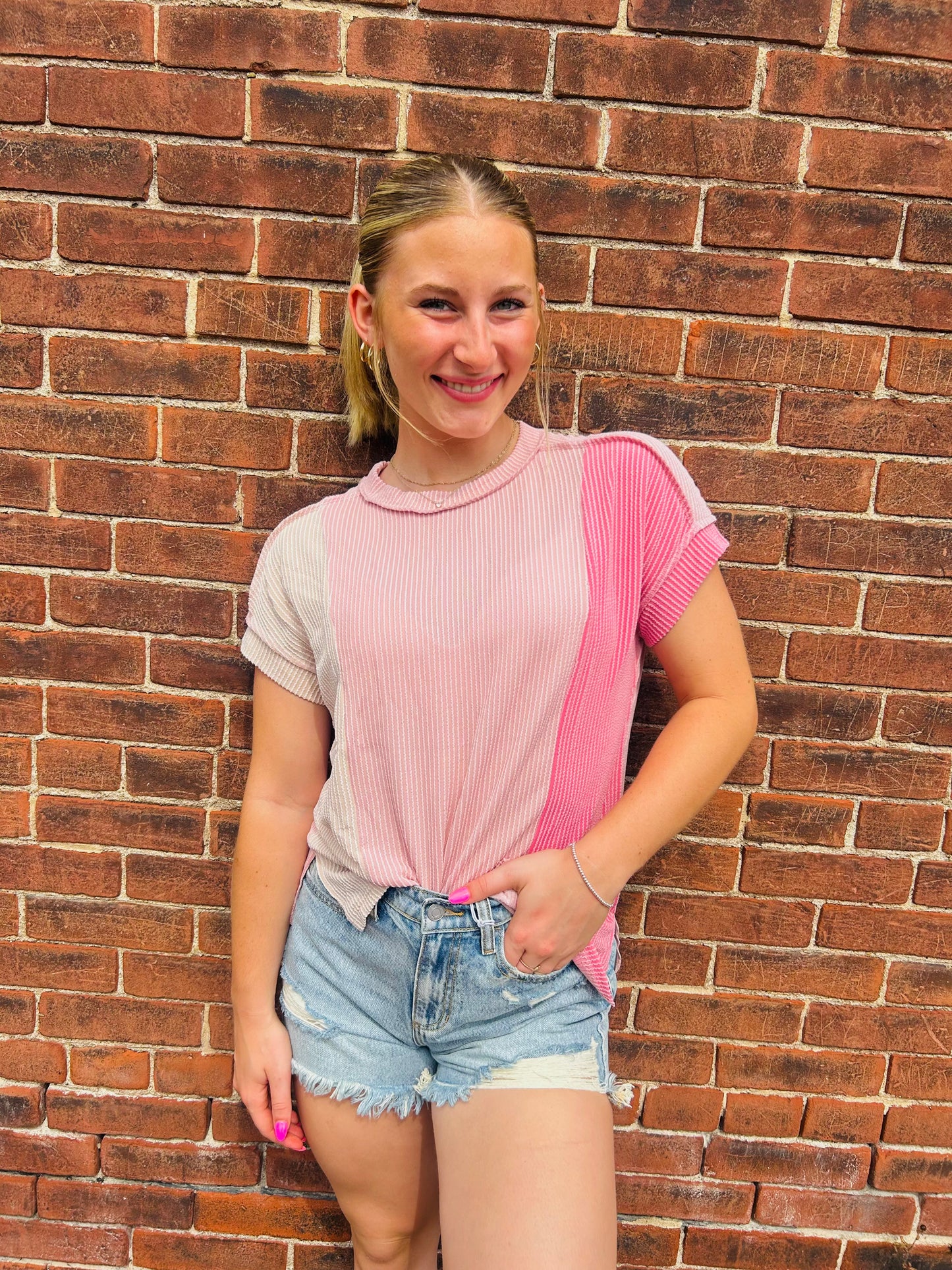 Pink Texture Color Block Tee