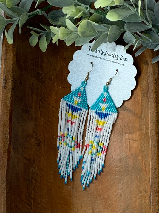 Teal/white Beaded Earrings